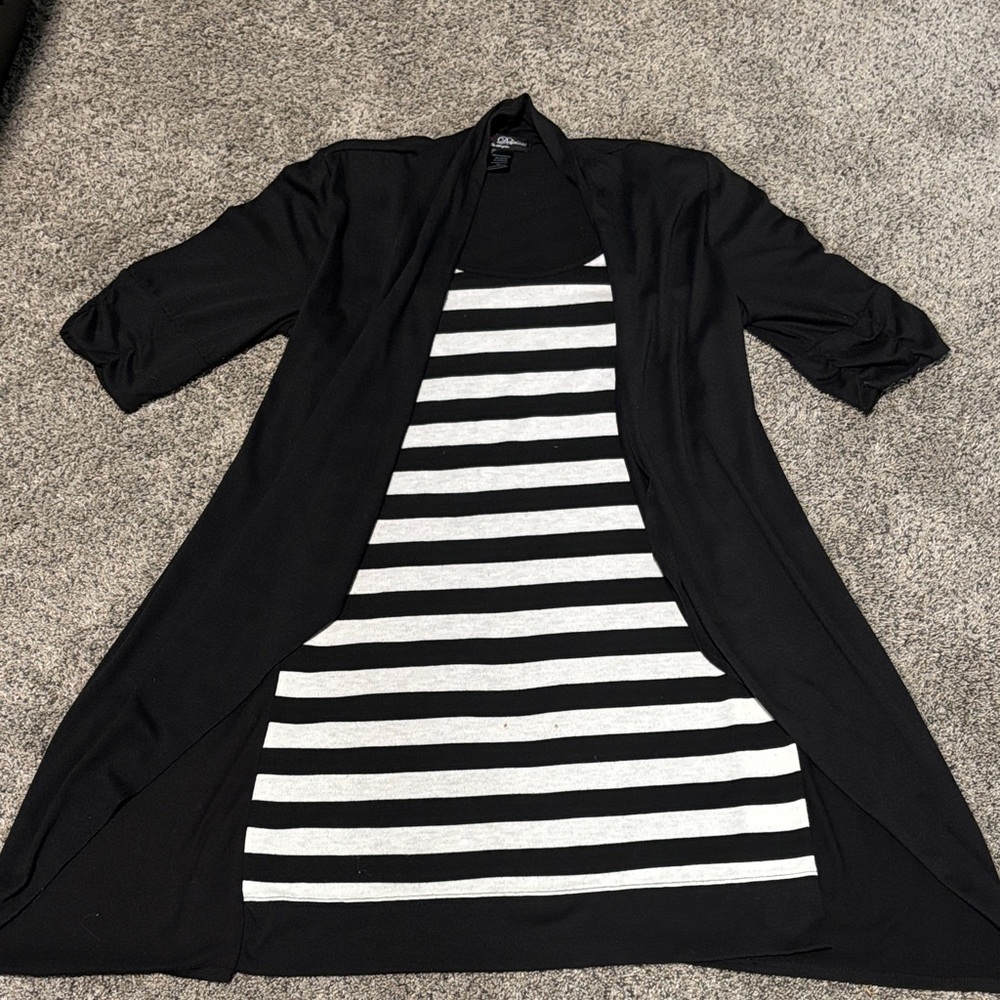 Black and White Striped Dress with Black Cardigan